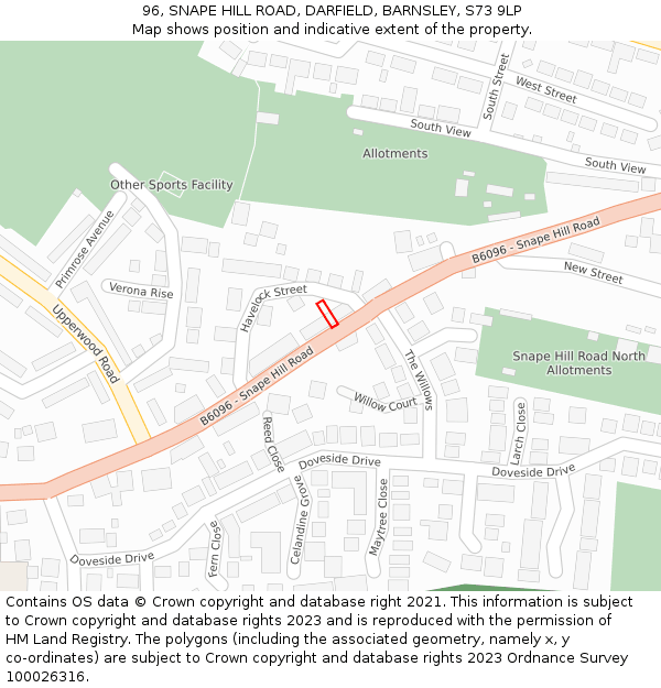 96, SNAPE HILL ROAD, DARFIELD, BARNSLEY, S73 9LP: Location map and indicative extent of plot