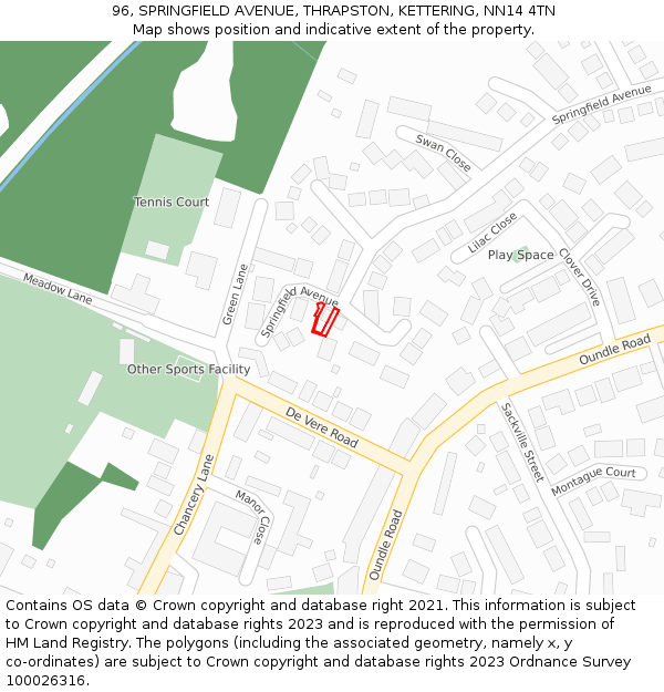 96, SPRINGFIELD AVENUE, THRAPSTON, KETTERING, NN14 4TN: Location map and indicative extent of plot