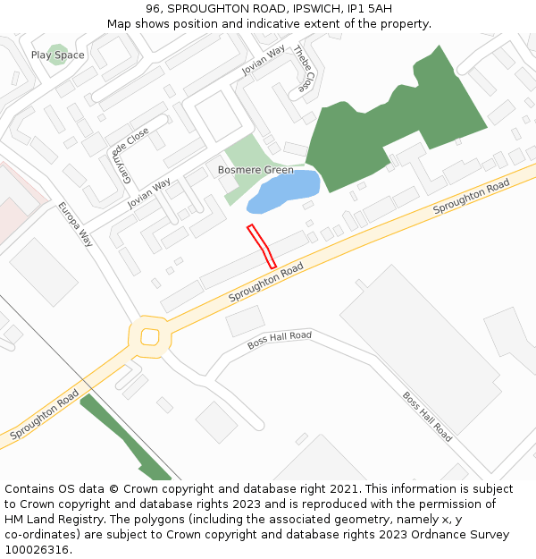 96, SPROUGHTON ROAD, IPSWICH, IP1 5AH: Location map and indicative extent of plot
