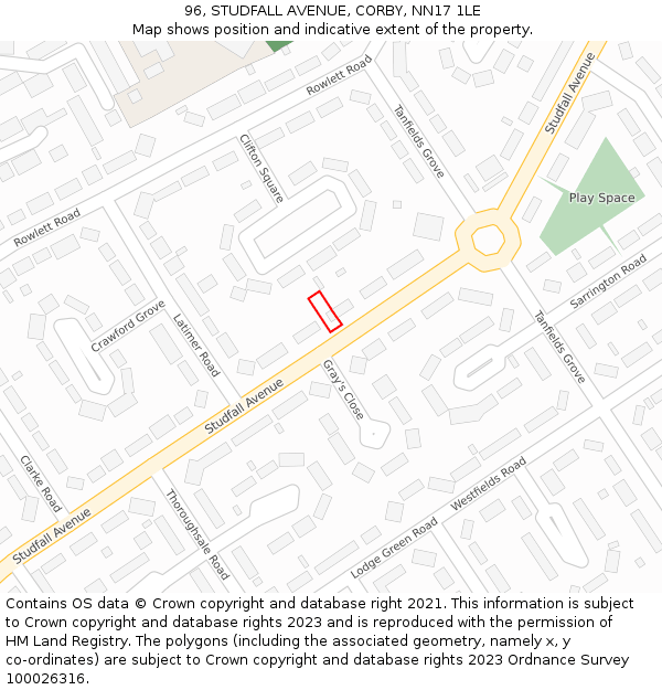 96, STUDFALL AVENUE, CORBY, NN17 1LE: Location map and indicative extent of plot