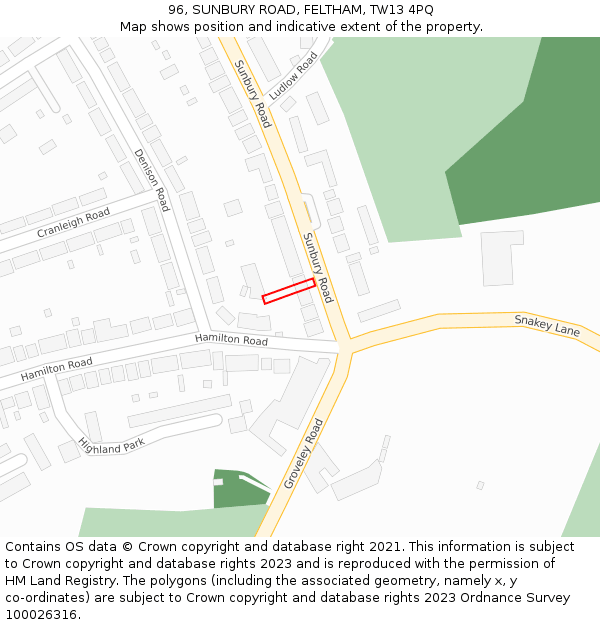 96, SUNBURY ROAD, FELTHAM, TW13 4PQ: Location map and indicative extent of plot
