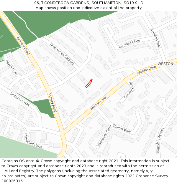 96, TICONDEROGA GARDENS, SOUTHAMPTON, SO19 9HD: Location map and indicative extent of plot