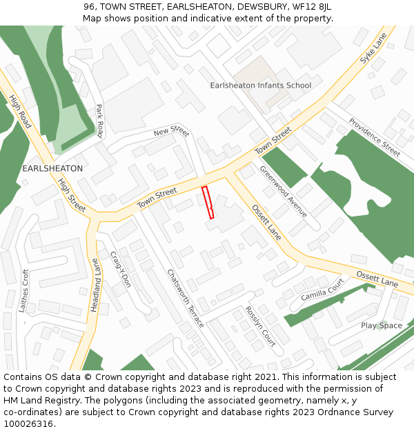 96, TOWN STREET, EARLSHEATON, DEWSBURY, WF12 8JL: Location map and indicative extent of plot