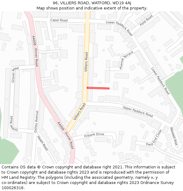 96, VILLIERS ROAD, WATFORD, WD19 4AJ: Location map and indicative extent of plot