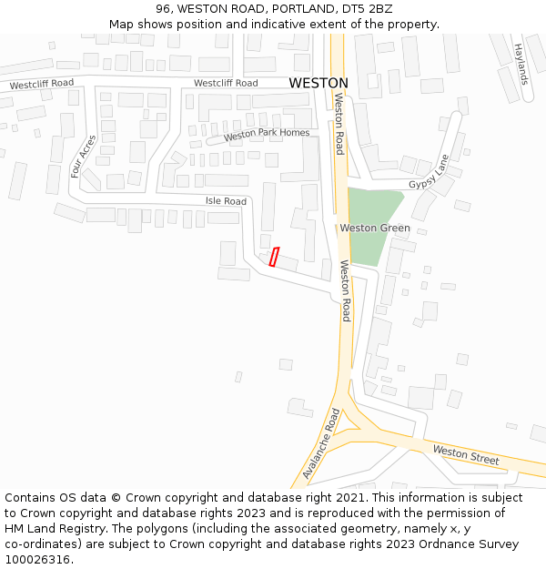96, WESTON ROAD, PORTLAND, DT5 2BZ: Location map and indicative extent of plot