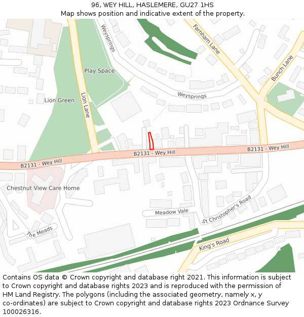 96, WEY HILL, HASLEMERE, GU27 1HS: Location map and indicative extent of plot