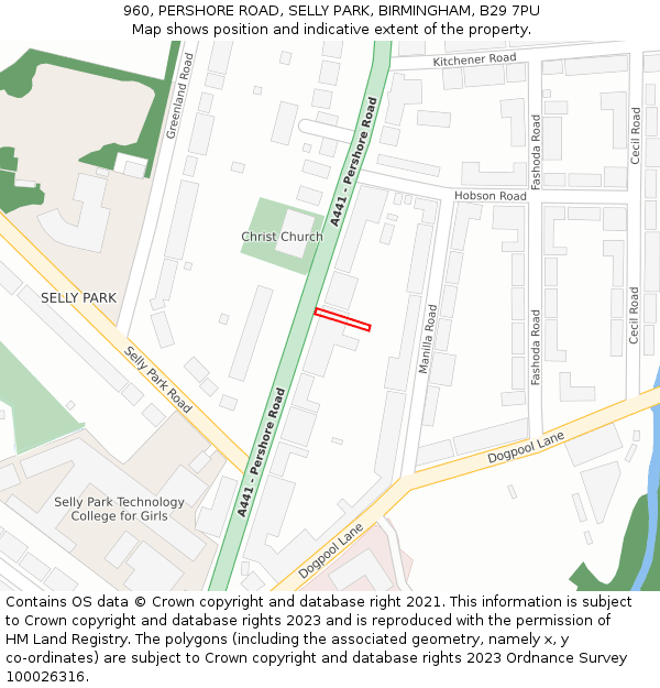 960, PERSHORE ROAD, SELLY PARK, BIRMINGHAM, B29 7PU: Location map and indicative extent of plot