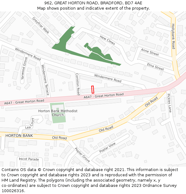 962, GREAT HORTON ROAD, BRADFORD, BD7 4AE: Location map and indicative extent of plot