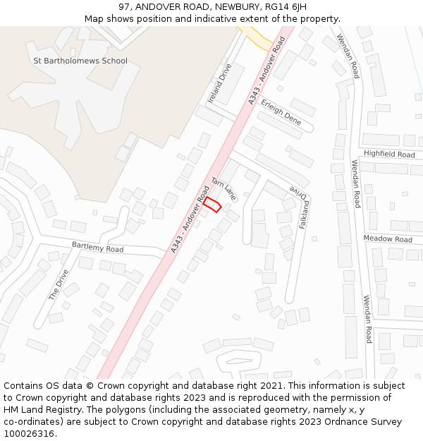 97, ANDOVER ROAD, NEWBURY, RG14 6JH: Location map and indicative extent of plot