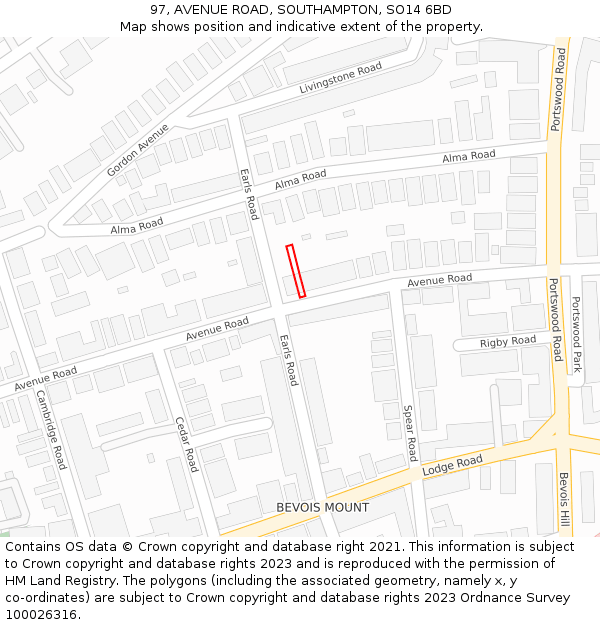 97, AVENUE ROAD, SOUTHAMPTON, SO14 6BD: Location map and indicative extent of plot