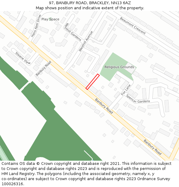 97, BANBURY ROAD, BRACKLEY, NN13 6AZ: Location map and indicative extent of plot