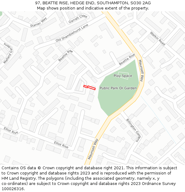 97, BEATTIE RISE, HEDGE END, SOUTHAMPTON, SO30 2AG: Location map and indicative extent of plot