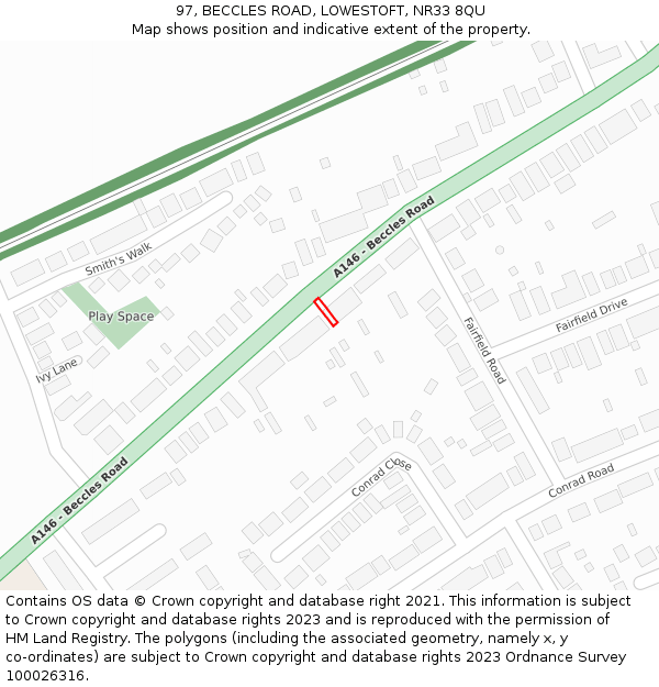 97, BECCLES ROAD, LOWESTOFT, NR33 8QU: Location map and indicative extent of plot