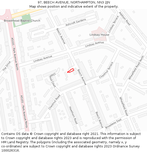 97, BEECH AVENUE, NORTHAMPTON, NN3 2JN: Location map and indicative extent of plot