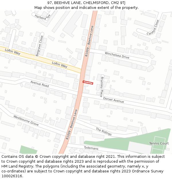 97, BEEHIVE LANE, CHELMSFORD, CM2 9TJ: Location map and indicative extent of plot