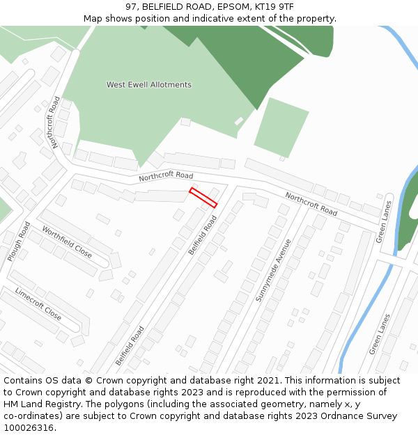 97, BELFIELD ROAD, EPSOM, KT19 9TF: Location map and indicative extent of plot