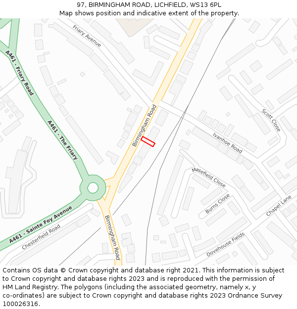 97, BIRMINGHAM ROAD, LICHFIELD, WS13 6PL: Location map and indicative extent of plot