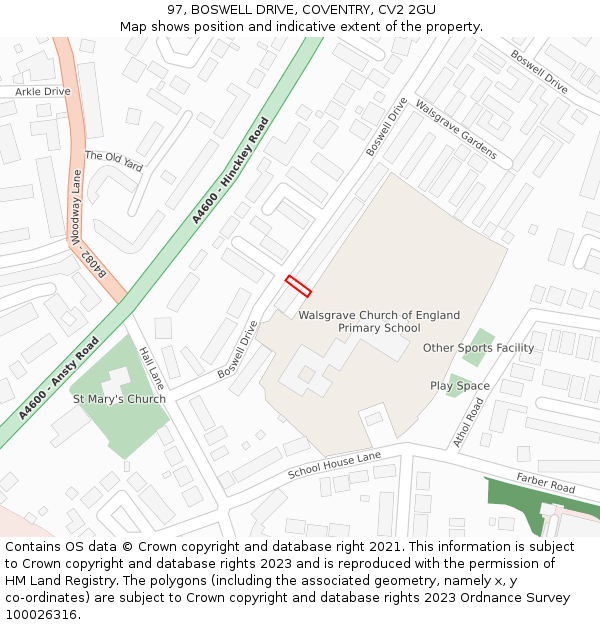 97, BOSWELL DRIVE, COVENTRY, CV2 2GU: Location map and indicative extent of plot
