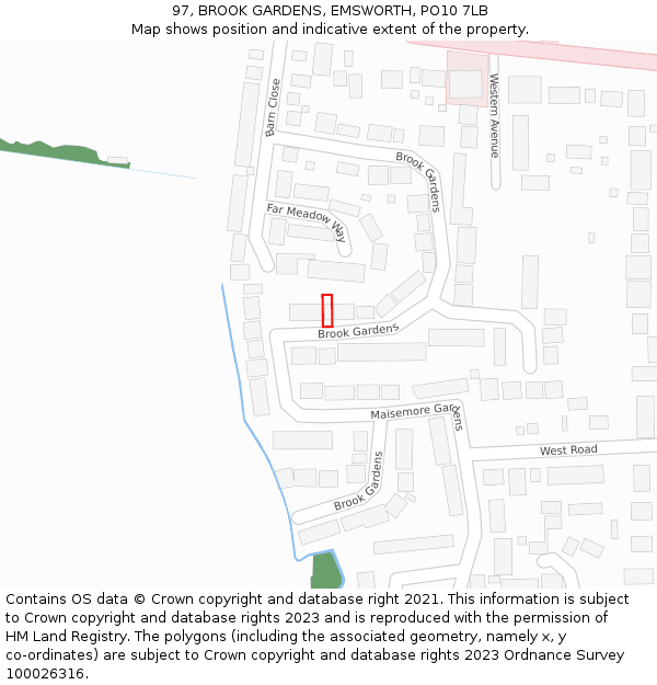 97, BROOK GARDENS, EMSWORTH, PO10 7LB: Location map and indicative extent of plot