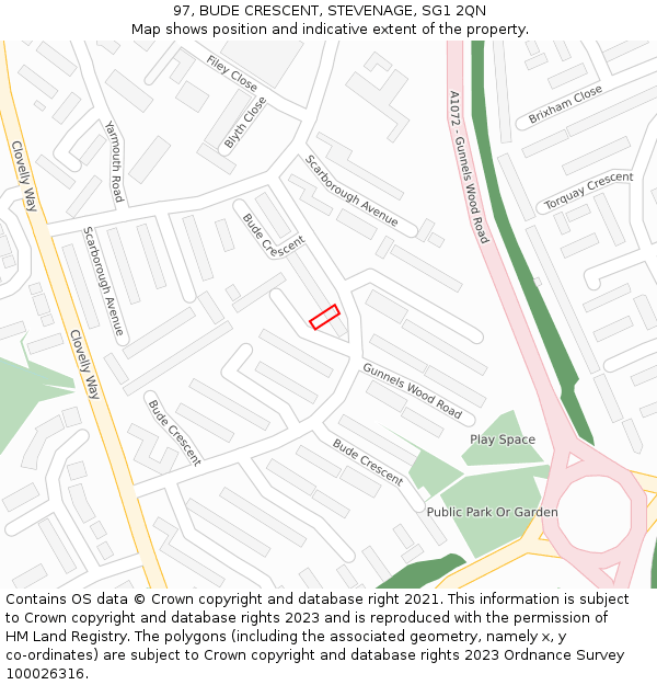 97, BUDE CRESCENT, STEVENAGE, SG1 2QN: Location map and indicative extent of plot