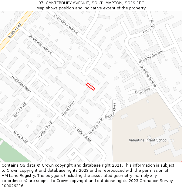 97, CANTERBURY AVENUE, SOUTHAMPTON, SO19 1EG: Location map and indicative extent of plot