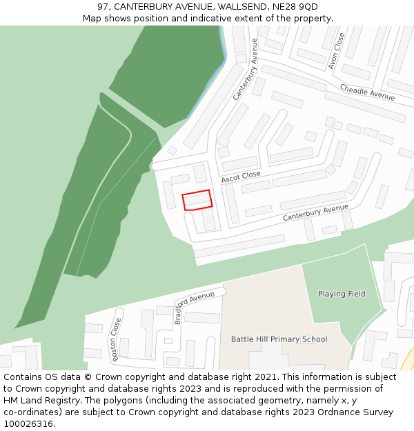 97, CANTERBURY AVENUE, WALLSEND, NE28 9QD: Location map and indicative extent of plot
