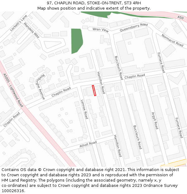 97, CHAPLIN ROAD, STOKE-ON-TRENT, ST3 4RH: Location map and indicative extent of plot