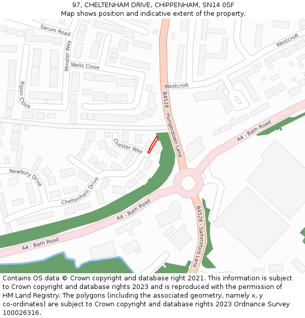 97, CHELTENHAM DRIVE, CHIPPENHAM, SN14 0SF: Location map and indicative extent of plot