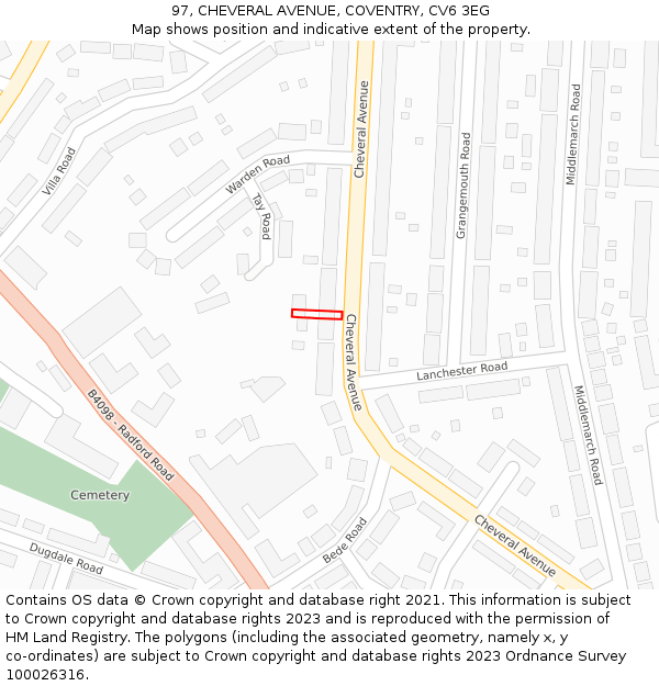 97, CHEVERAL AVENUE, COVENTRY, CV6 3EG: Location map and indicative extent of plot
