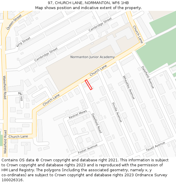97, CHURCH LANE, NORMANTON, WF6 1HB: Location map and indicative extent of plot