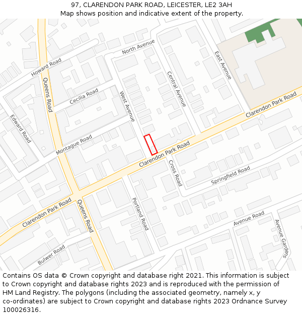 97, CLARENDON PARK ROAD, LEICESTER, LE2 3AH: Location map and indicative extent of plot