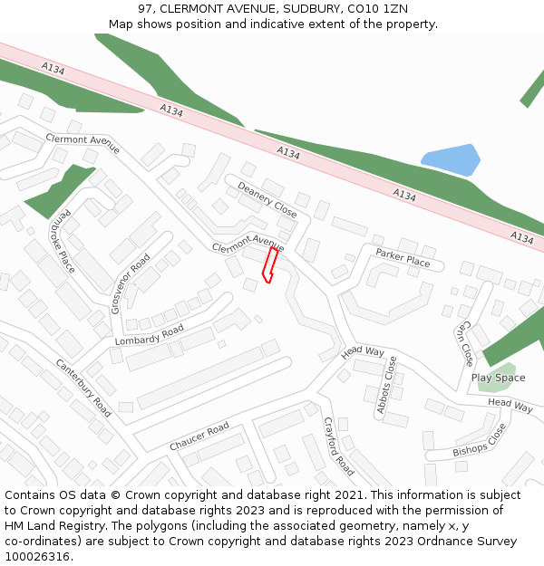 97, CLERMONT AVENUE, SUDBURY, CO10 1ZN: Location map and indicative extent of plot