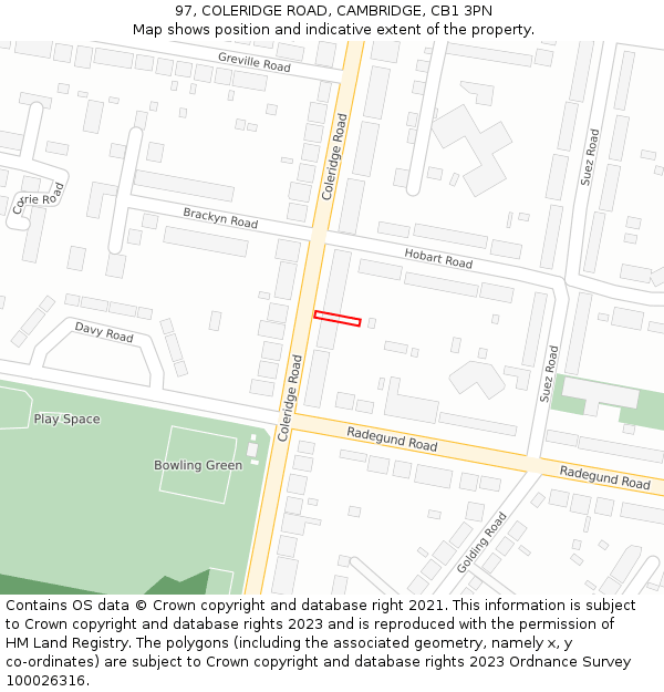 97, COLERIDGE ROAD, CAMBRIDGE, CB1 3PN: Location map and indicative extent of plot