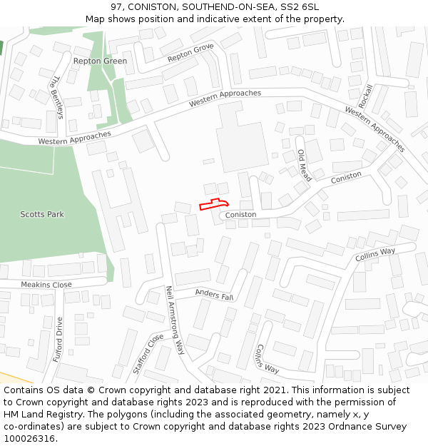 97, CONISTON, SOUTHEND-ON-SEA, SS2 6SL: Location map and indicative extent of plot