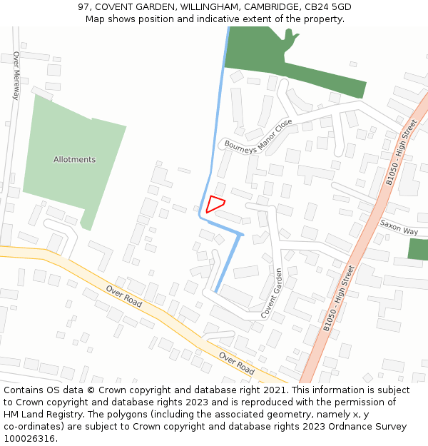 97, COVENT GARDEN, WILLINGHAM, CAMBRIDGE, CB24 5GD: Location map and indicative extent of plot