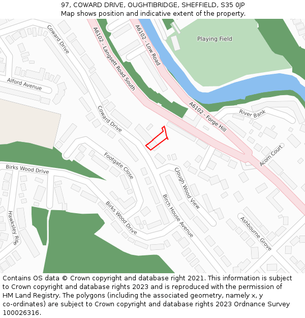 97, COWARD DRIVE, OUGHTIBRIDGE, SHEFFIELD, S35 0JP: Location map and indicative extent of plot