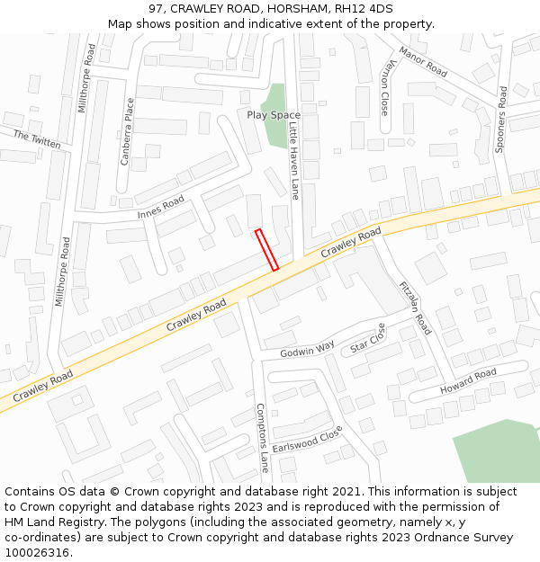 97, CRAWLEY ROAD, HORSHAM, RH12 4DS: Location map and indicative extent of plot