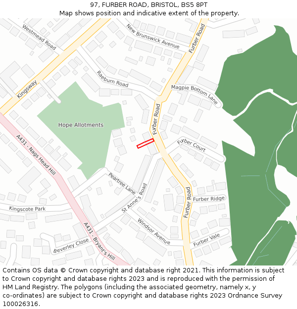 97, FURBER ROAD, BRISTOL, BS5 8PT: Location map and indicative extent of plot