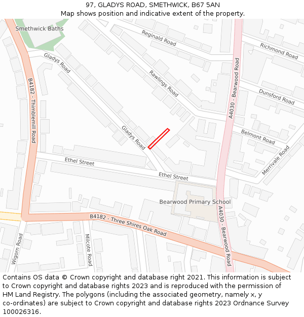 97, GLADYS ROAD, SMETHWICK, B67 5AN: Location map and indicative extent of plot