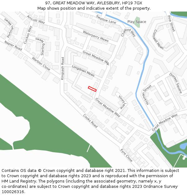 97, GREAT MEADOW WAY, AYLESBURY, HP19 7GX: Location map and indicative extent of plot