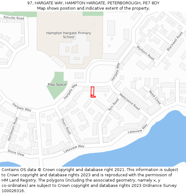 97, HARGATE WAY, HAMPTON HARGATE, PETERBOROUGH, PE7 8DY: Location map and indicative extent of plot
