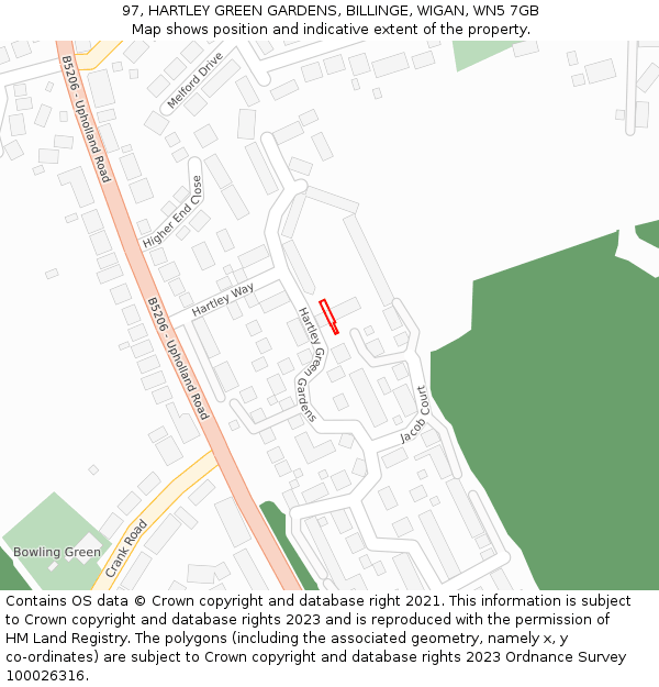 97, HARTLEY GREEN GARDENS, BILLINGE, WIGAN, WN5 7GB: Location map and indicative extent of plot
