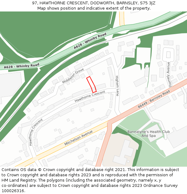 97, HAWTHORNE CRESCENT, DODWORTH, BARNSLEY, S75 3JZ: Location map and indicative extent of plot