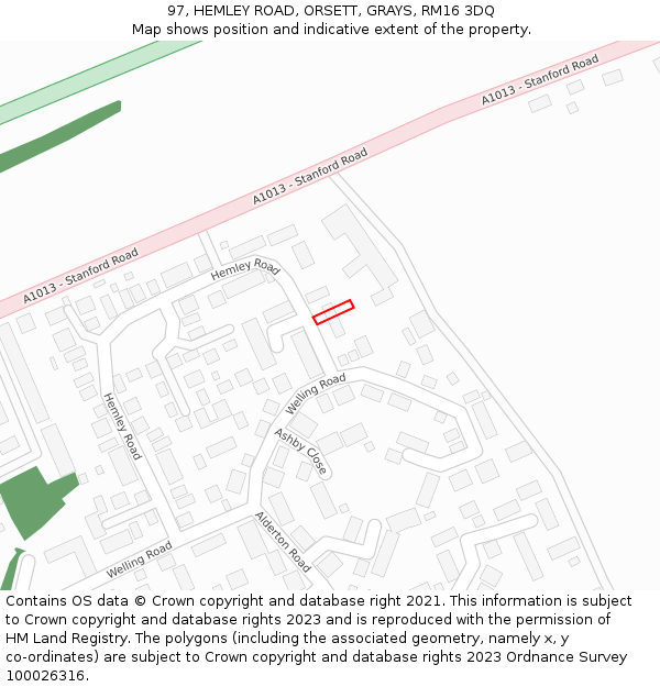 97, HEMLEY ROAD, ORSETT, GRAYS, RM16 3DQ: Location map and indicative extent of plot