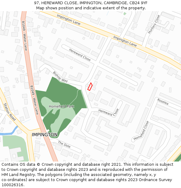 97, HEREWARD CLOSE, IMPINGTON, CAMBRIDGE, CB24 9YF: Location map and indicative extent of plot
