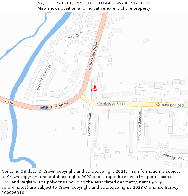 97, HIGH STREET, LANGFORD, BIGGLESWADE, SG18 9RY: Location map and indicative extent of plot