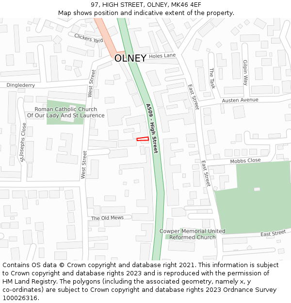 97, HIGH STREET, OLNEY, MK46 4EF: Location map and indicative extent of plot