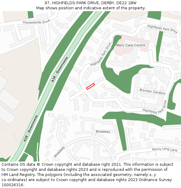 97, HIGHFIELDS PARK DRIVE, DERBY, DE22 1BW: Location map and indicative extent of plot