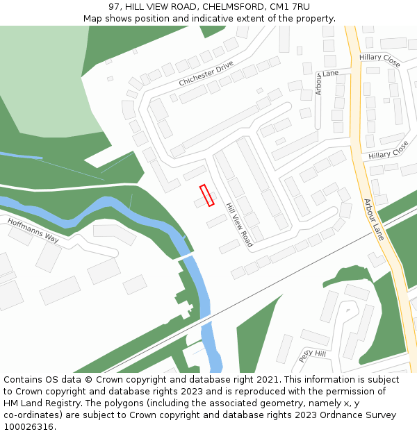 97, HILL VIEW ROAD, CHELMSFORD, CM1 7RU: Location map and indicative extent of plot