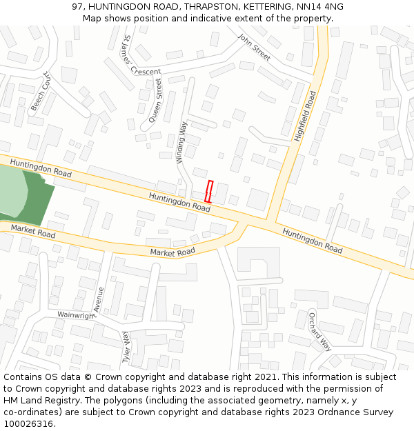 97, HUNTINGDON ROAD, THRAPSTON, KETTERING, NN14 4NG: Location map and indicative extent of plot